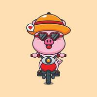 Cool pig with sunglasses riding a motorcycle in summer day. Cute summer cartoon illustration. vector