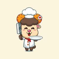 Chef ram sheep cartoon vector with knife and plate.