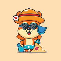 Cute shiba inu in sunglasses play sand beach cartoon illustration. Cute summer cartoon illustration. vector