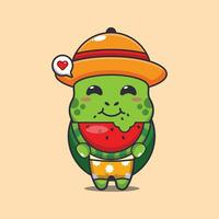Cute turtle eating fresh watermelon cartoon illustration. Cute summer cartoon illustration. vector