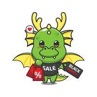 cute dragon with shopping bag and black friday sale discount cartoon vector illustration