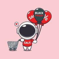 cute astronaut with shopping cart and balloon at black friday sale cartoon vector illustration