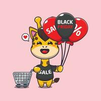 cute giraffe with shopping cart and balloon at black friday sale cartoon vector illustration