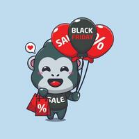 cute gorilla with shopping bag and balloon at black friday sale cartoon vector illustration