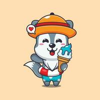 Cute wolf with ice cream on beach cartoon illustration. Cute summer cartoon illustration. vector