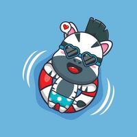 Cute zebra in sunglasses float with buoy. Cute summer cartoon illustration. vector