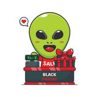 cute alien with cashier table in black friday sale cartoon vector illustration