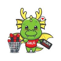 cute dragon with shopping cart and discount coupon black friday sale cartoon vector illustration