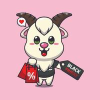cute goat with shopping bag and black friday sale discount cartoon vector illustration