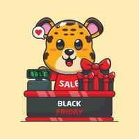 cute leopard with cashier table in black friday sale cartoon vector illustration