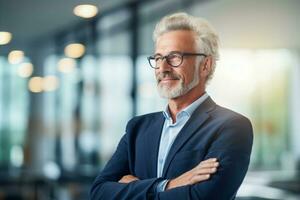 Senior entrepreneur strategizing in modern office background with empty space for text photo