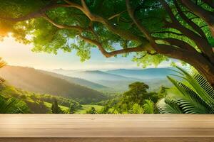 An Empty Rustic Wood Product Display Table In The Middle Of A Nature Scenery Premade Photo Mockup Background