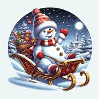 Snowman on a Sleigh Ride vector file, Christmas Scene, Santa, Christmas Holiday, Vector Illustration File