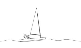 Continuous line drawing of a sailboat on the waves. Sailing. Vector line art illustration, outline