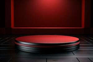 Ai Generated photo red light round podium and black background for mock up realistic image