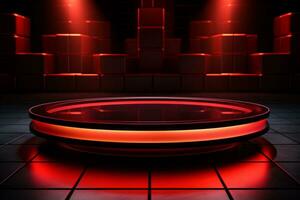 Ai Generated photo red light round podium and black background for mock up realistic image