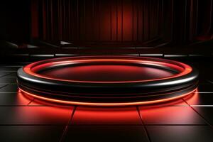 Ai Generated photo red light round podium and black background for mock up realistic image