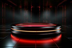 Ai Generated photo red light round podium and black background for mock up realistic image