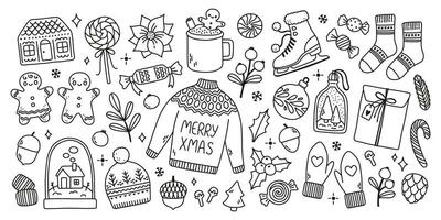 Doodle new year cute pen line elements set. Doodle sweater, hat, cookie, sparkle decoration symbol set icon. Simple sketch line style. Vector illustration