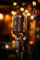 Vintage microphone on stage, created with generative AI photo