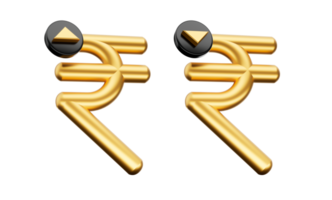 3d guld skinande indisk rupee symbol, öka minska ikon, 3d illustration png