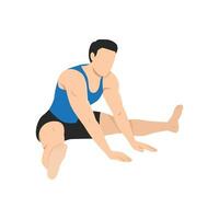 Man doing wide legged seated forward lean stretch exercise. Practice Agnistambhasana Leaning Forward. vector