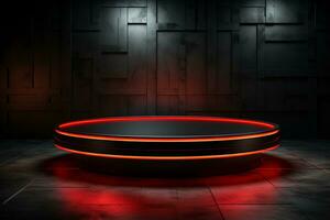 Ai Generated photo red light round podium and black background for mock up realistic image