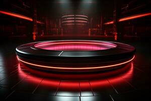 Ai Generated photo red light round podium and black background for mock up realistic image