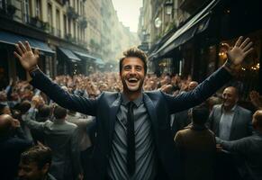 Ai Genetative man in a suit is celebrating success in the street photo