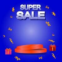 Super sale promo banner template with podium and abstract background. vector editable