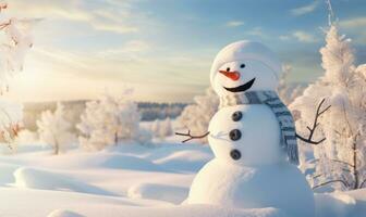 Happy snowman standing in winter christmas landscape AI Generated photo