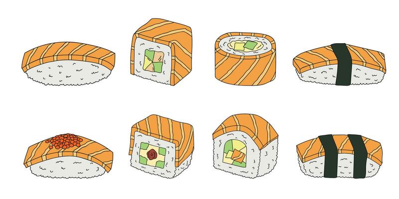Hand drawn sushi roll clipart set. Japanese traditional cuisine dishes. Asian food