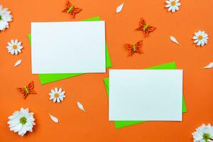 Blank greeting cards mockup on colorful orange background with white daisy flowers and butterflies decoration. Spring flat lay composition. Top view. Copy space. photo