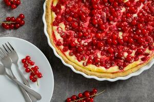 Redcurrant cheesecake, tart with fresh berries in a white baking dish on dark gray background. Top view. photo
