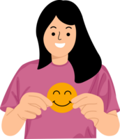 young woman hold smiling face emoticon symbol png