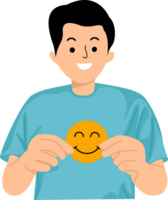 young man hold smiling face emoticon symbol png