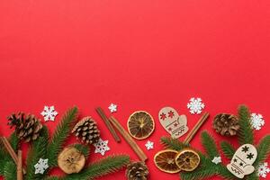 Christmas background with fir branches and Christmas decor. Top view, copy space for text photo