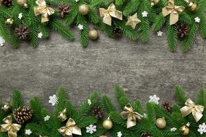 Christmas background with fir branches and Christmas decor. Top view, copy space for text photo