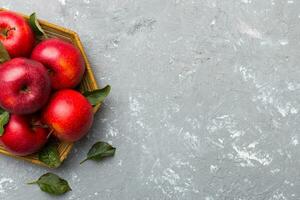 Many red apples on colored background, top view. Autumn pattern with fresh apple above view with copy space for design or text photo