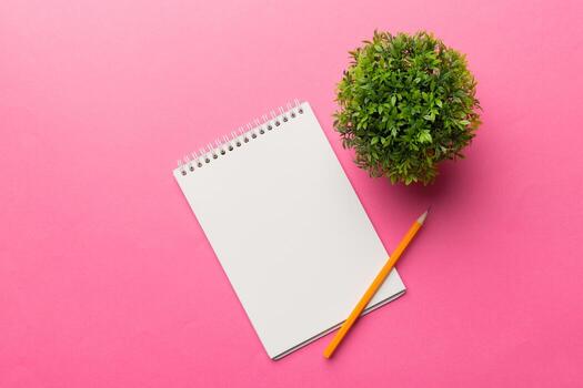 Modern office desk table with notebook and other supplies with green tree. Blank notebook page for you design. Top view, flat lay photo