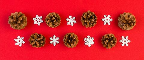 Top view of New Year ornament made of white snowflakes Banner and pine cones on colorful background. Winter holiday concept with empty space for your design photo