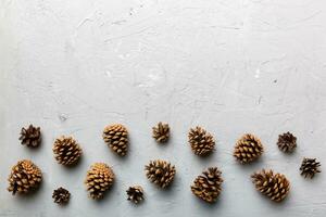 Christmas pine cones on colored paper border composition. Christmas, New Year, winter concept. Flat lay, top view, copy space photo