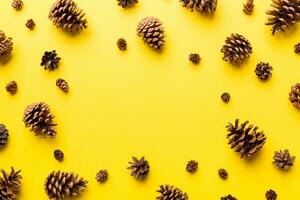 pine cones on colored table. natural holiday background with pinecones grouped together. Flat lay. Winter concept photo