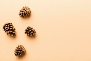 Christmas pine cones on colored paper border composition. Christmas, New Year, winter concept. Flat lay, top view, copy space photo