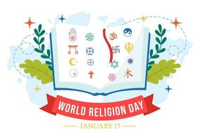 World Religion Day Vector Illustration on 17 January with Symbol Icons of Different Religions for Poster or Banner in Flat Cartoon Background