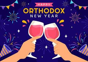 Happy Orthodox New Year Vector Illustration on 14 January with Church and Fireworks for Poster or Banner in Flat Cartoon Background Design