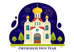 contento ortodoxo nuevo año vector ilustración en 14 enero con Iglesia y fuegos artificiales para póster o bandera en plano dibujos animados antecedentes diseño