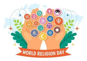 World Religion Day Vector Illustration on 17 January with Symbol Icons of Different Religions for Poster or Banner in Flat Cartoon Background