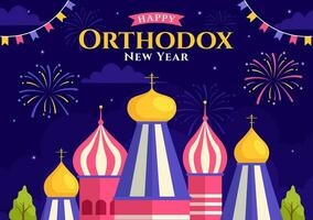 Happy Orthodox New Year Vector Illustration on 14 January with Church and Fireworks for Poster or Banner in Flat Cartoon Background Design