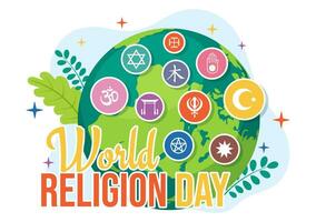 World Religion Day Vector Illustration on 17 January with Symbol Icons of Different Religions for Poster or Banner in Flat Cartoon Background